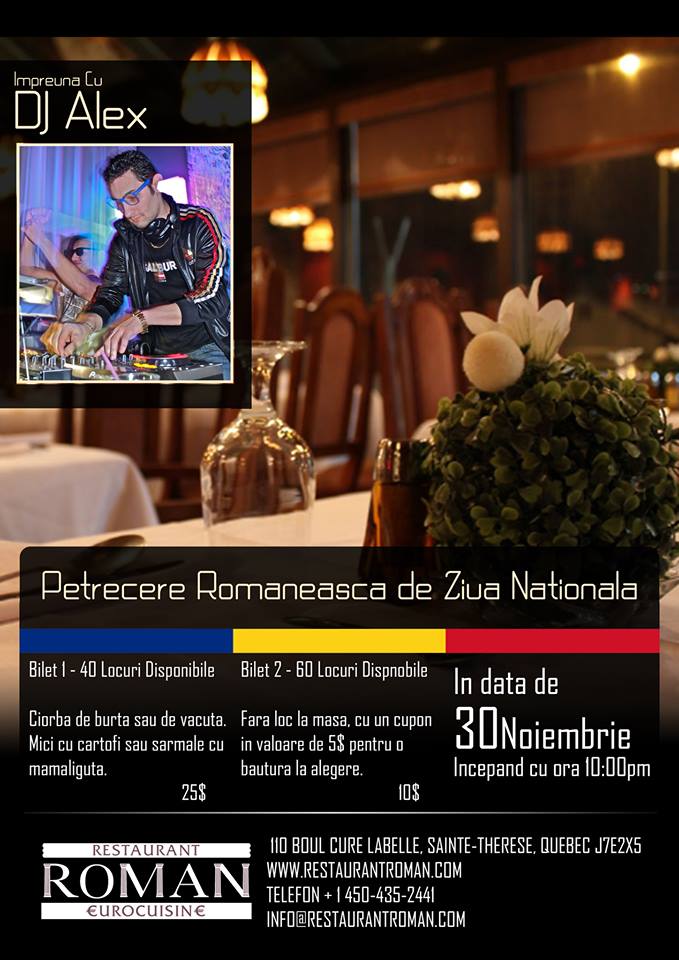 #1Decembrie – Petrecere Romaneasca de Ziua Nationala @ Restaurant Roman, Sainte-Thérèse